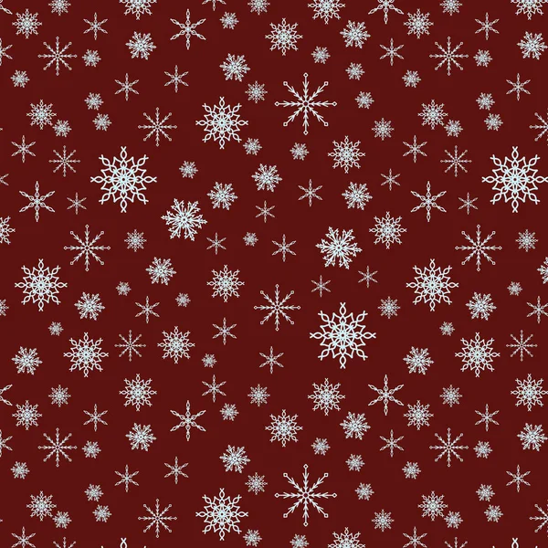 Schneeflocken Nahtloses Muster Vieler Schneeflocken Auf Dem Roten Hintergrund Winter — Stockfoto
