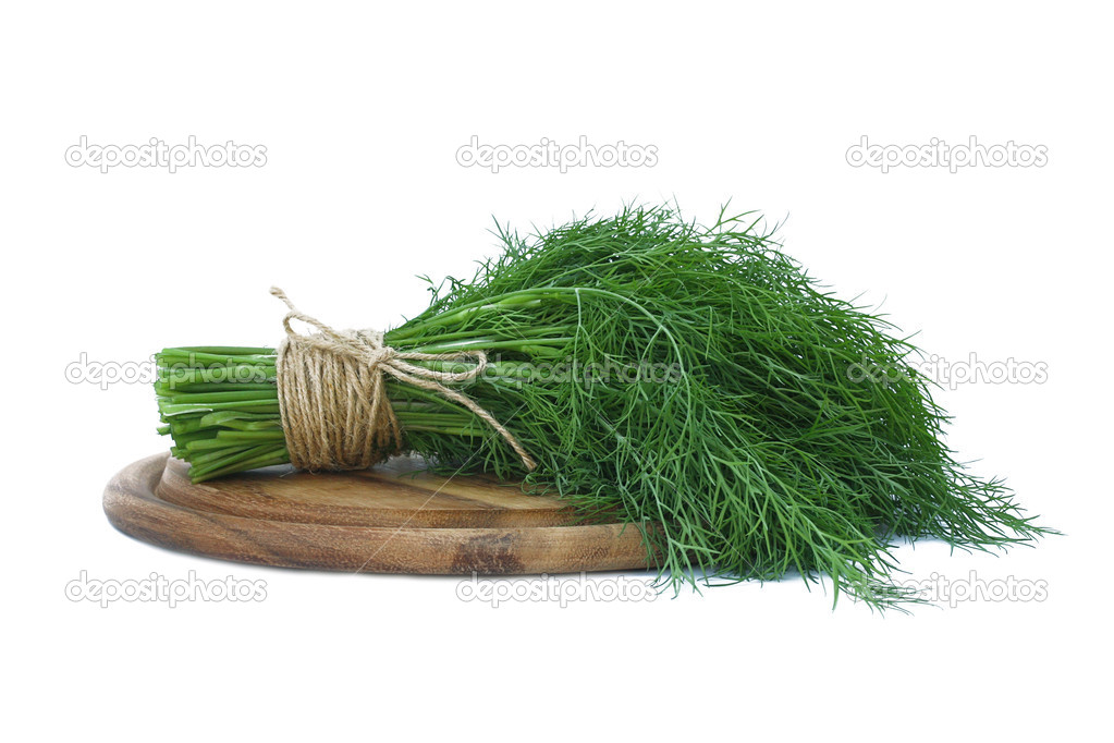 Fennel bunch tied up by a twine on a wooden round chopping board