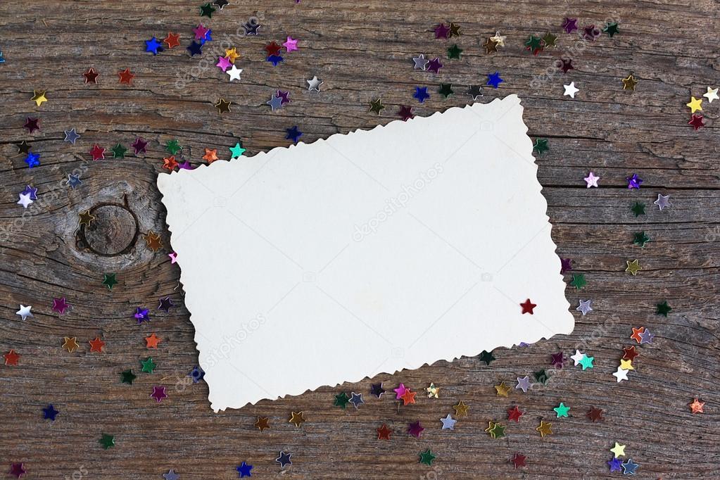 Greeting card: empty paper form with multi-colored stars confett
