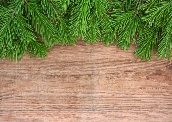 Fond de Noël : branches de sapin sur fond vieux bois — Photo