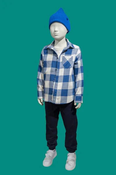 Imagen Completa Maniquí Exhibición Infantil Vestido Con Camisa Cuadros Azul —  Fotos de Stock