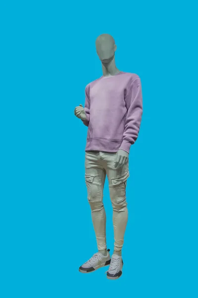 青の背景に孤立ピンクのプルオーバーを身に着けている男性ディスプレイマネキンの完全な長さの画像 — ストック写真