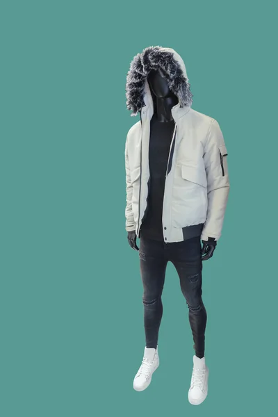 Imagem Comprimento Total Manequim Exibição Masculino Usando Capuz Branco Jeans — Fotografia de Stock