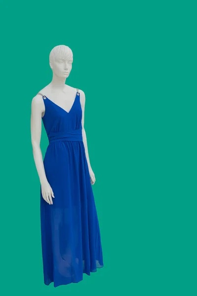 Повнометражне Зображення Жіночого Дисплея Манекен Довгій Синій Модній Сукні Ізольовано — стокове фото