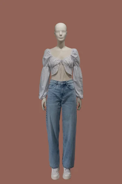Full Length Image Female Display Mannequin Wearing Blue Jeans White — Stock Photo, Image