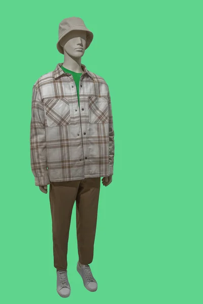 男装模特身穿格子呢夹克 与绿色背景隔离的全长图像 — 图库照片
