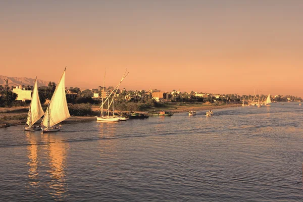 Nil-Flussverkehr auf dem Heimweg bei Sonnenuntergang lizenzfreie Stockfotos