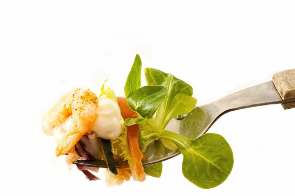 ağız dolusu mayonez karides ve yakın çekim ile salata