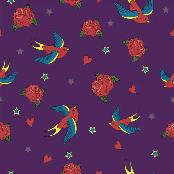 Vector seamless with birds, roses and stars — Wektor stockowy