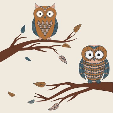 iki sevimli renkli baykuş branc oturan vektör çizim