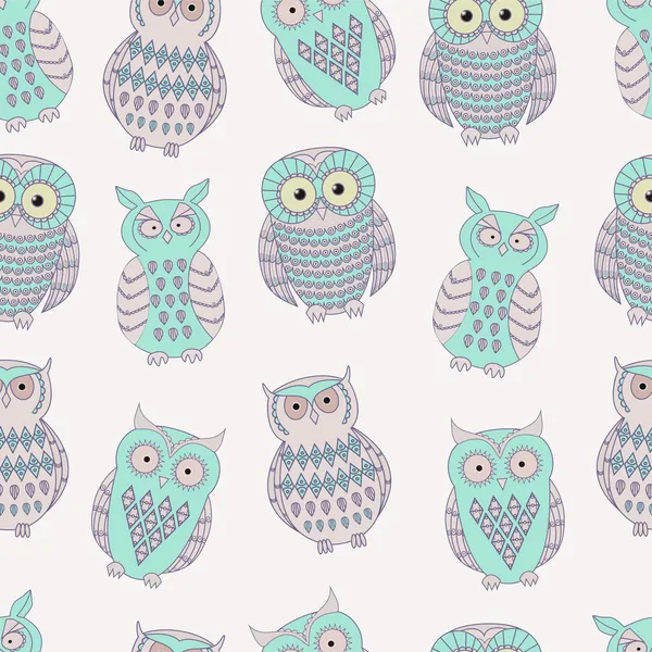 Vector colorful seamless pattern with cute different owls — Stock Vector