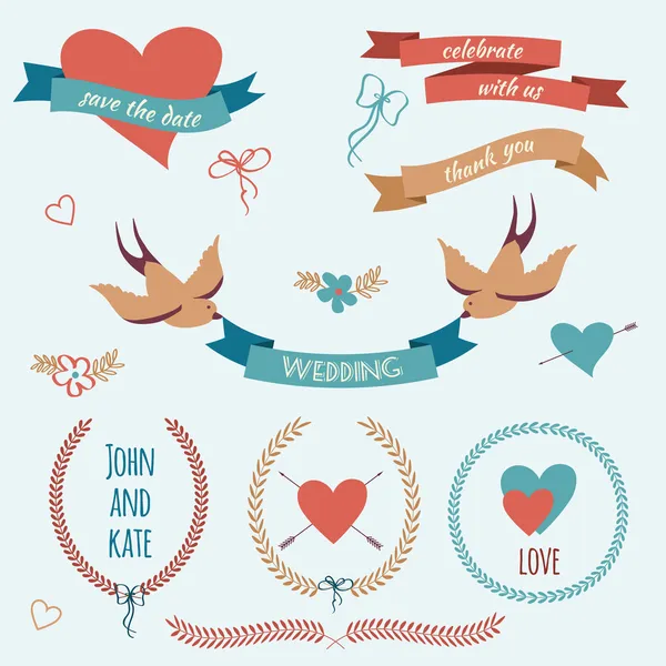 Ensemble de mariage vectoriel avec oiseaux, coeurs, flèches, rubans, couronnes , — Image vectorielle