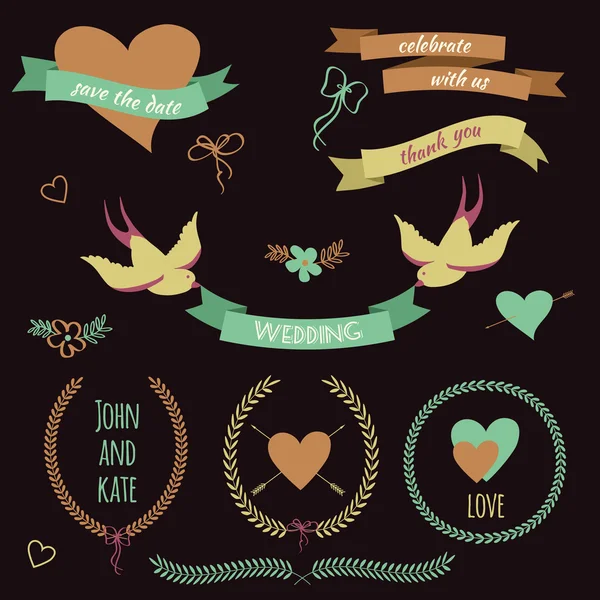 Conjunto de boda vectorial con pájaros, corazones, flechas, cintas, coronas , — Archivo Imágenes Vectoriales