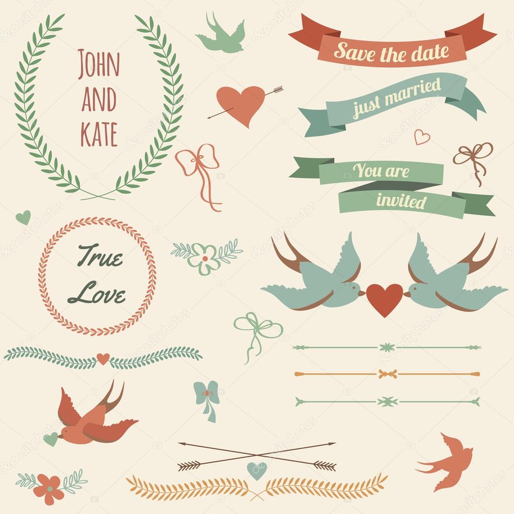 Vector wedding set with birds, hearts, arrows, ribbons, wreaths,
