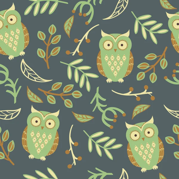 Vector seamless pattern with cute owls, leaves — Stock Vector