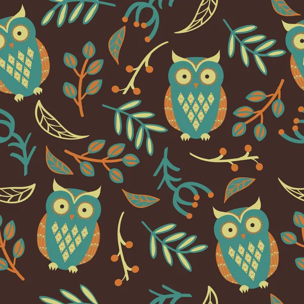 Vector seamless pattern with cute owls, leaves — Stock Vector