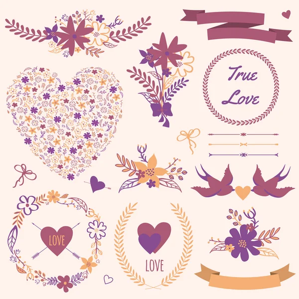 Vector wedding set with bouquets, birds, hearts, arrows, ribbons, wreaths, flowers, bows, laurel Royalty Free Stock Vectors