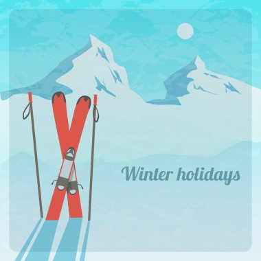 Vector retro illustration with snowy mountains and skis clipart
