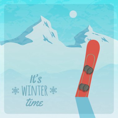 karlı dağlar ve snowboard retro illüstrasyon vektör