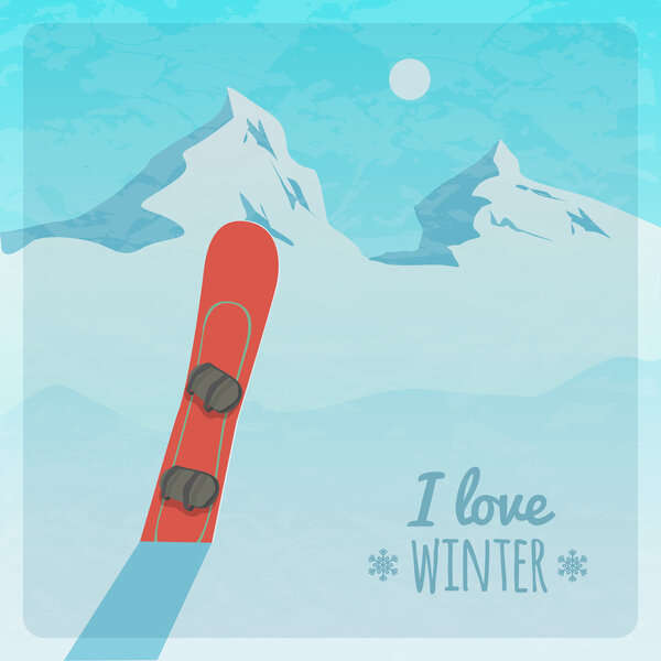 Vector retro illustration with snowy mountains and snowboard
