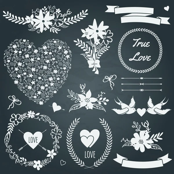 Vector wedding set with bouquets, birds, hearts, arrows, ribbons — Stock Vector