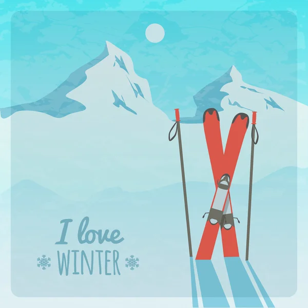 Retro vectorillustratie met besneeuwde bergen en ski 's — Stockvector