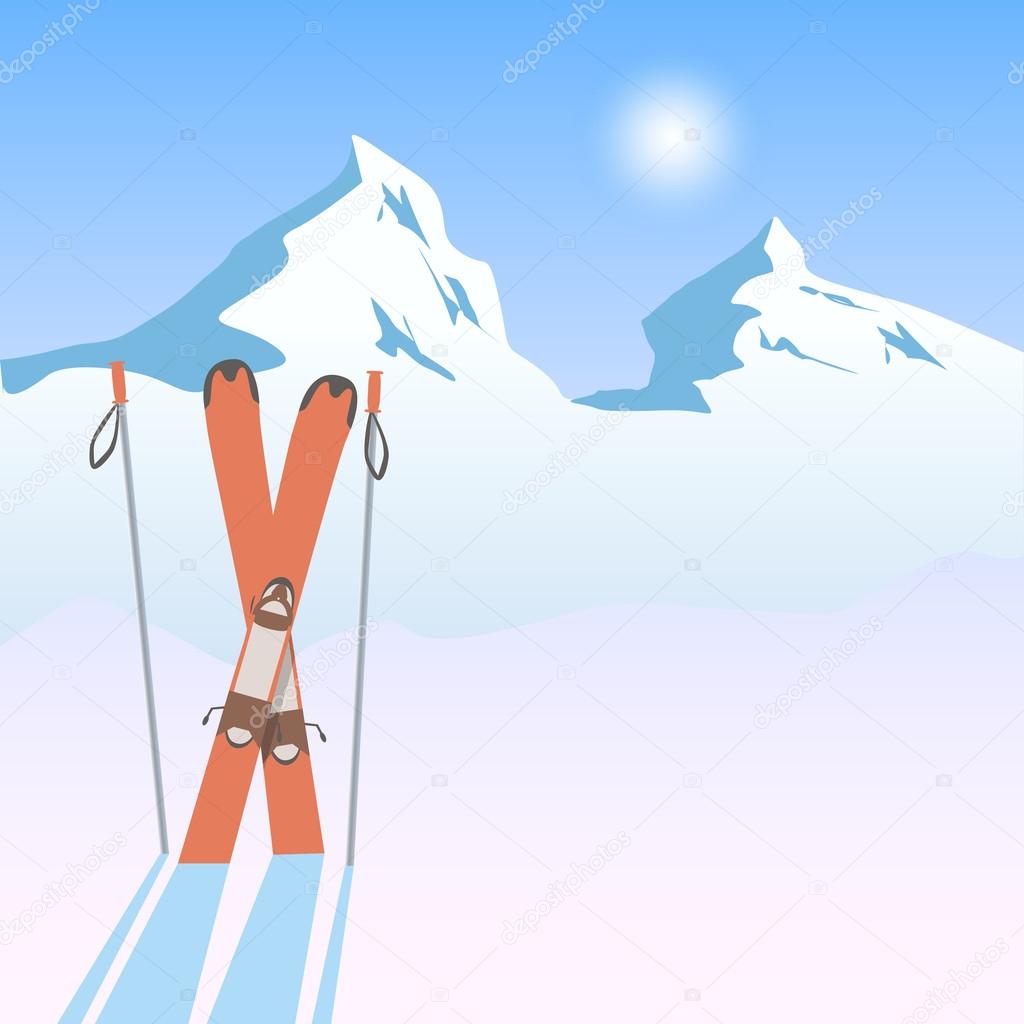 Vector retro illustration with snowy mountains and skis