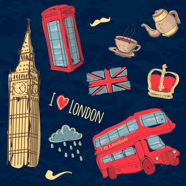 Londra sembolleri çizilmiş vektör renkli set