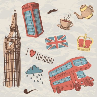 Londra sembolleri çizilmiş vektör renkli set