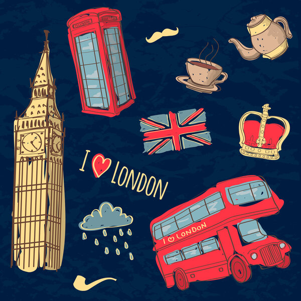 Vector colorful set of hand-drawn London symbols