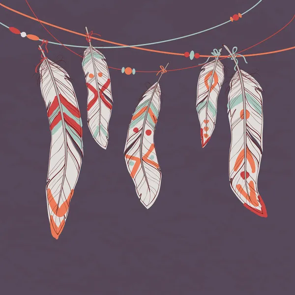 Vector colorful set of ethnic decorative feathers hanging on thr — Stock Vector