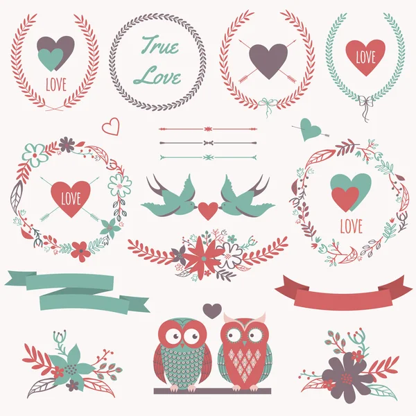 Set romántico vectorial con ramos, pájaros, corazones, flechas, cinta — Vector de stock