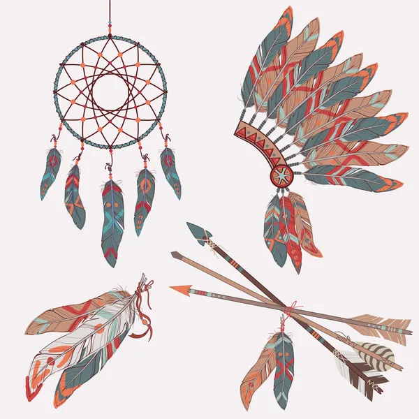 Vector etnische set: dream catcher, pijlen, veren en hoofdtooi — Stockvector