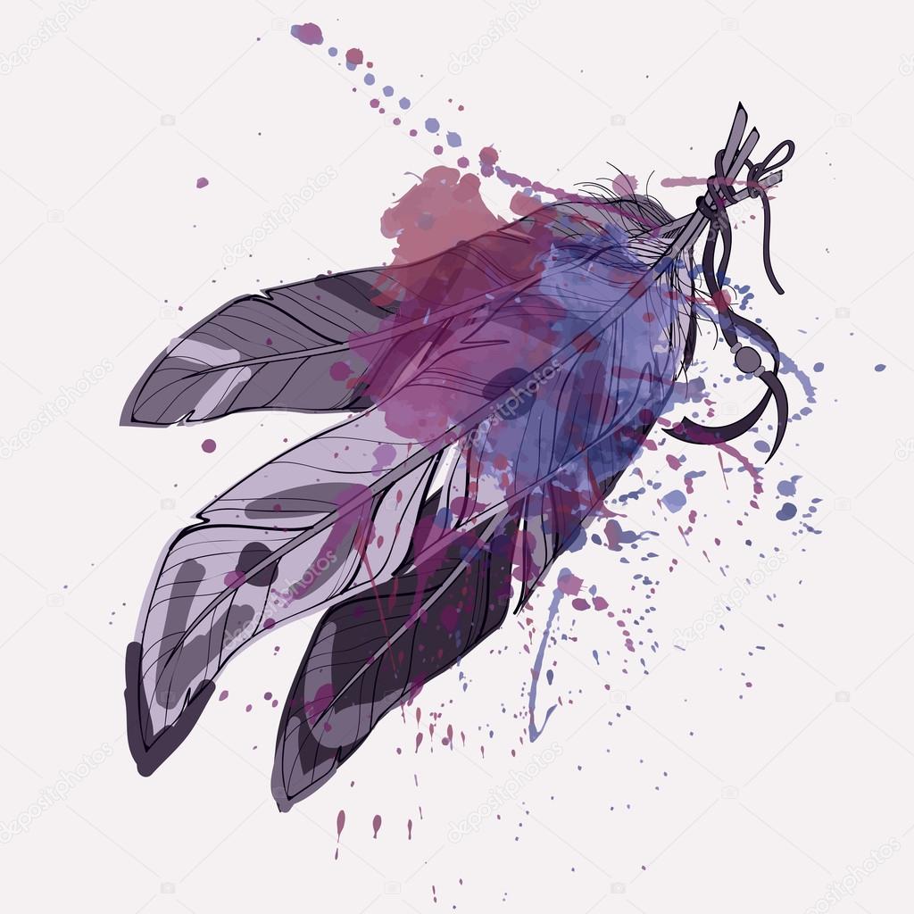 Vector illustration of decorative feathers with watercolor splash