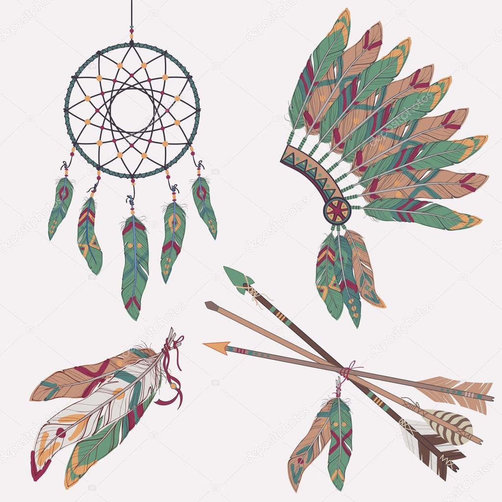 Vector ethnic set: dream catcher, feathers, arrows, headdress