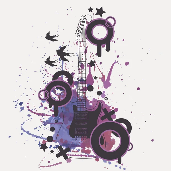 Vector illustration of electric guitar with watercolor splash — Stock Vector