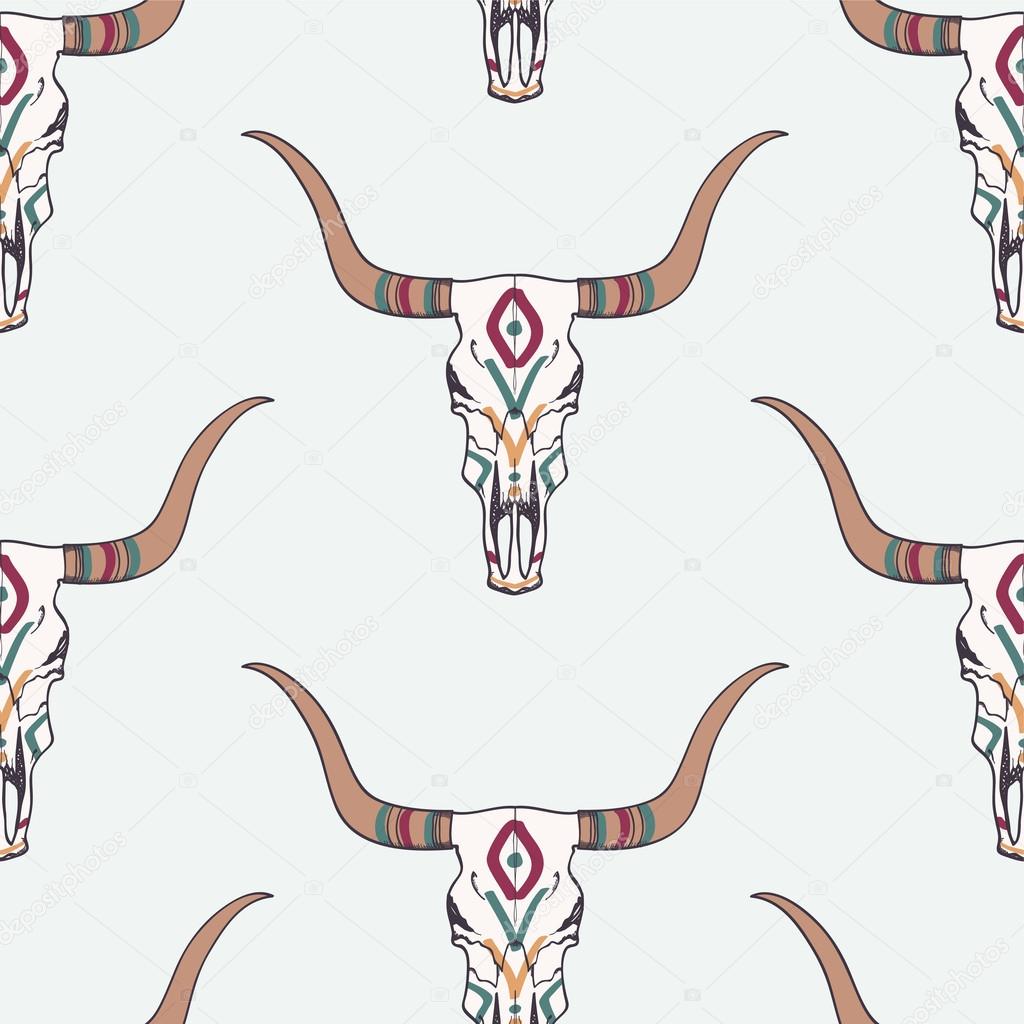 Vector seamless pattern with bull skull and ethnic ornament