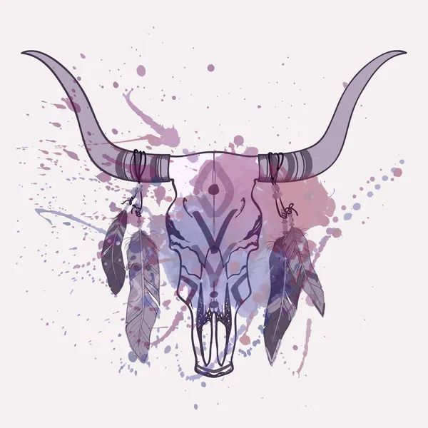 Illustrazione vettoriale del cranio di toro con piume e spruzzi di acquerello — Vettoriale Stock