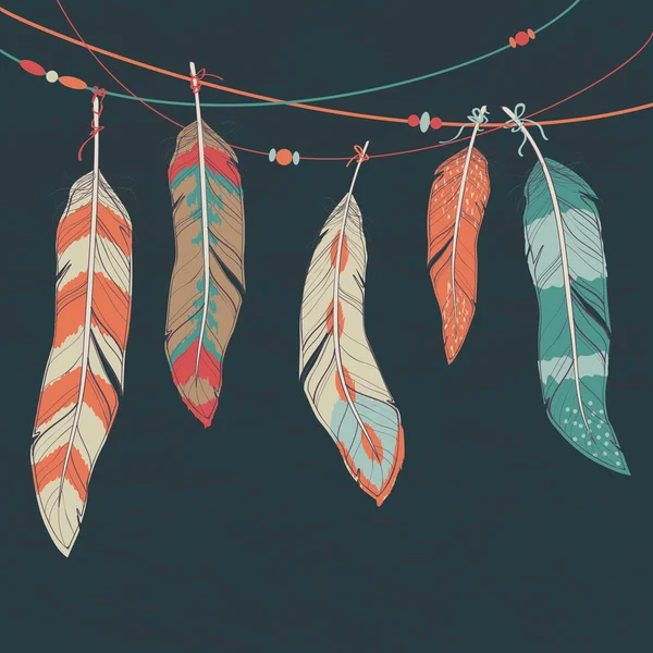 Vector colorful set of ethnic decorative feathers hanging on threads — Stock Vector