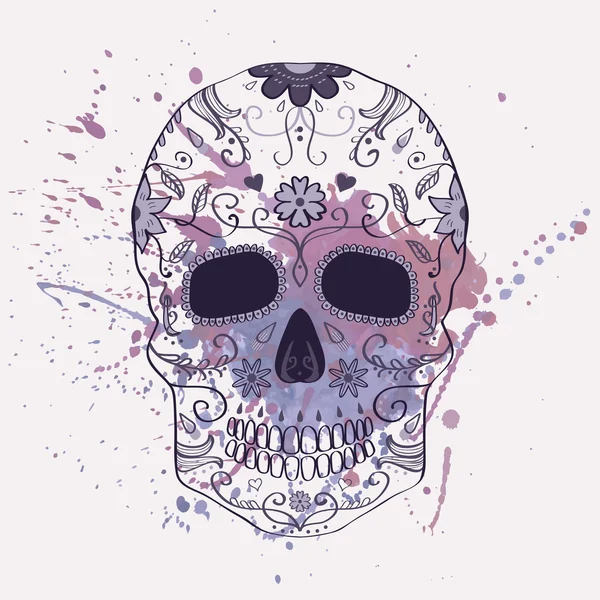 Ilustración vectorial del cráneo del Día de los Muertos con adornos y salpicaduras de acuarela — Vector de stock