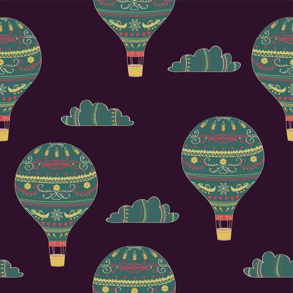 Vector naadloze patroon met hete luchtballon en wolken — Stockvector