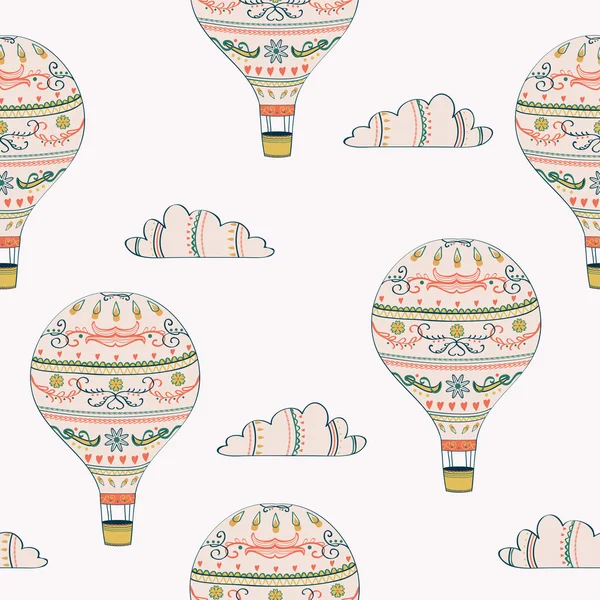 Modèle sans couture vectoriel avec ballon à air chaud et nuages — Image vectorielle