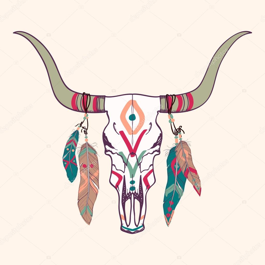 Vector illustration of bull skull with feathers