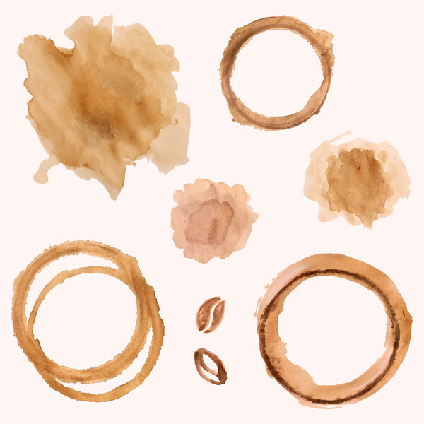 Vector set of watercolor coffee beans, coffee blots and splashes