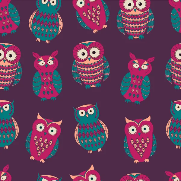 Vector colorful seamless pattern with cute different owls. Can b — Stock Vector