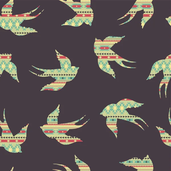 シームレスなカラフルな装飾的な民族パターン ベクトルとツバメ — ストックベクタ