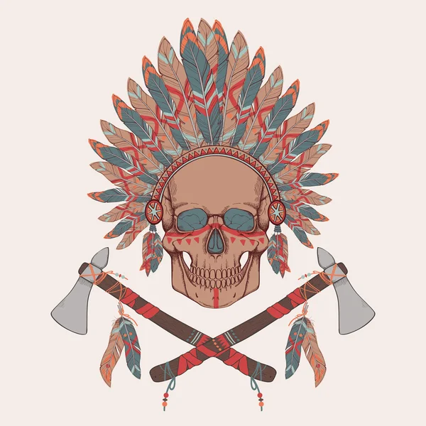 Ilustración vectorial de cráneo humano en tocado indio indígena, tomahawks — Archivo Imágenes Vectoriales