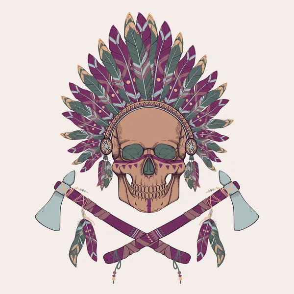 Ilustracja wektorowa ludzkiej czaszki w native american indian szef fryzura, tomahawki — Wektor stockowy