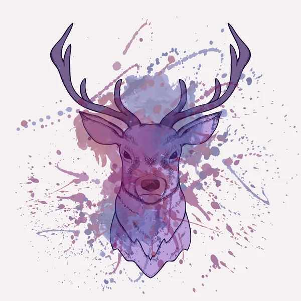 Vector grunge illustration of deer with watercolor splash — Stock Vector