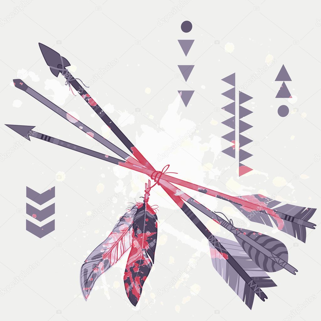 Vector grunge illustration of different ethnic arrows with feathers and splash